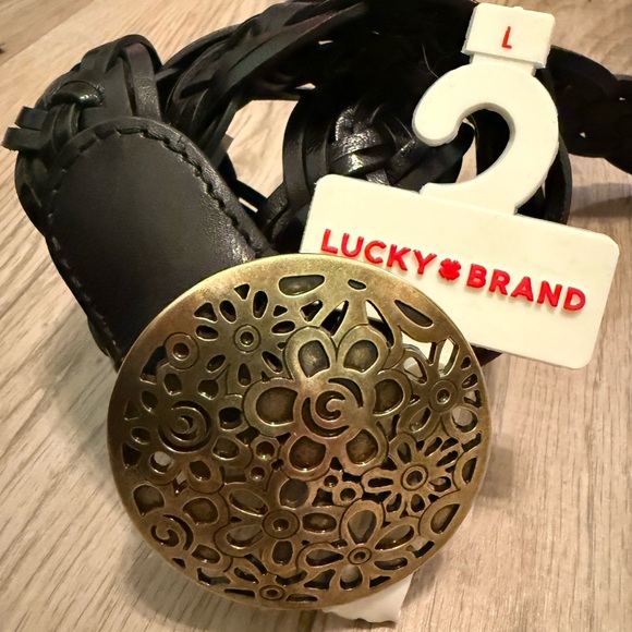 Lucky Brand Accessories - NWT Lucky Brand black leather braided round floral brass buckle belt